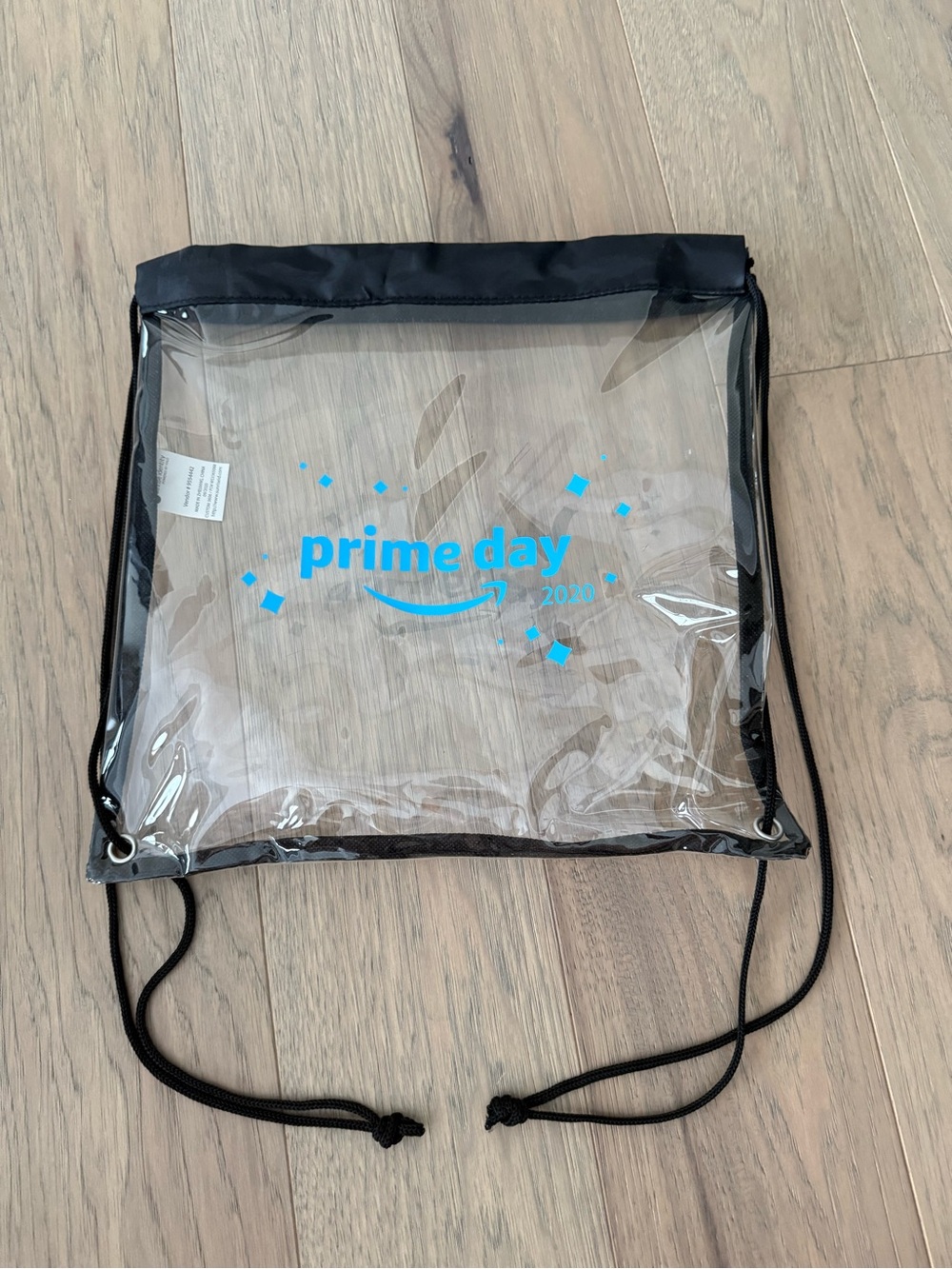 Amazon Clear Drawstring Bag with Bright Blue Prime Day Logo